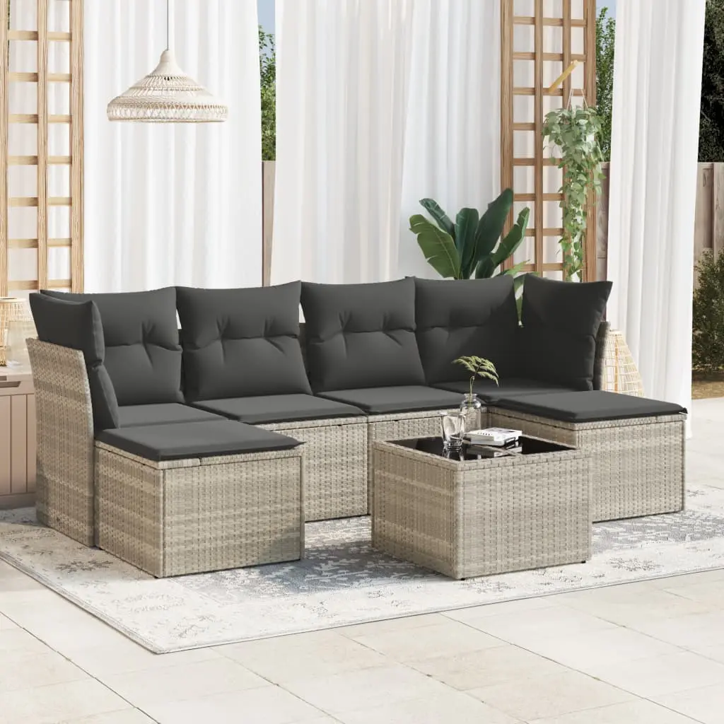 Set Divani da Giardino 7pz con Cuscini Grigio Chiaro Polyrattan