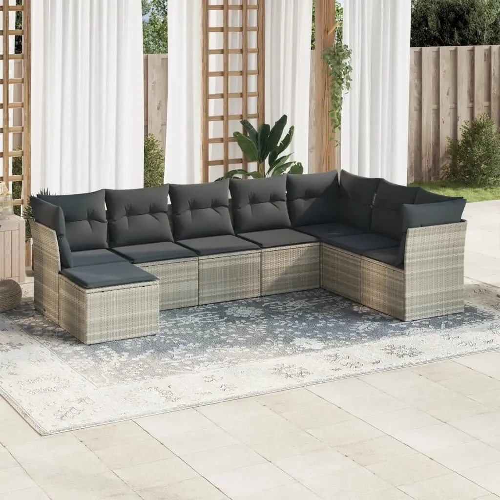 Set Divano da Giardino 8pz con Cuscini Grigio Chiaro Polyrattan