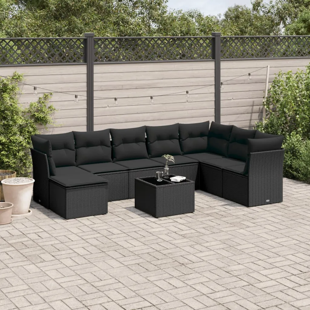 vidaXL Set Divani da Giardino 9 pz con Cuscini Nero in Polyrattan