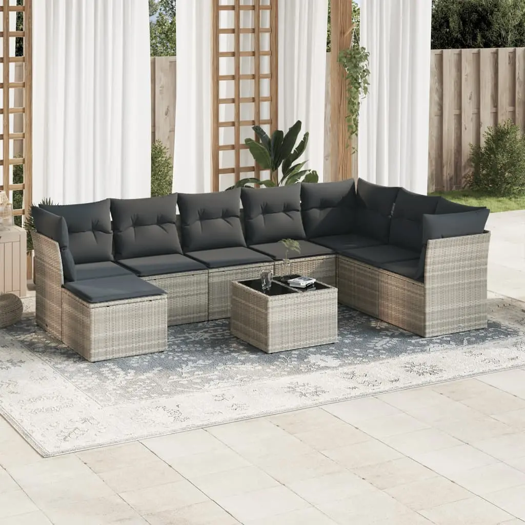 Set Divano da Giardino 9pz con Cuscini Grigio Chiaro Polyrattan