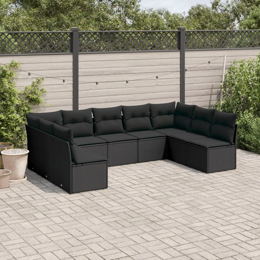 vidaXL Set Divani da Giardino 9 pz con Cuscini Nero in Polyrattan