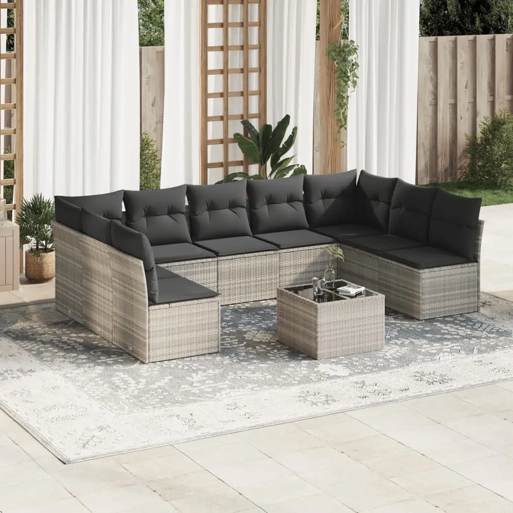 Set Divano Giardino 10 pz con Cuscini Grigio Chiaro Polyrattan