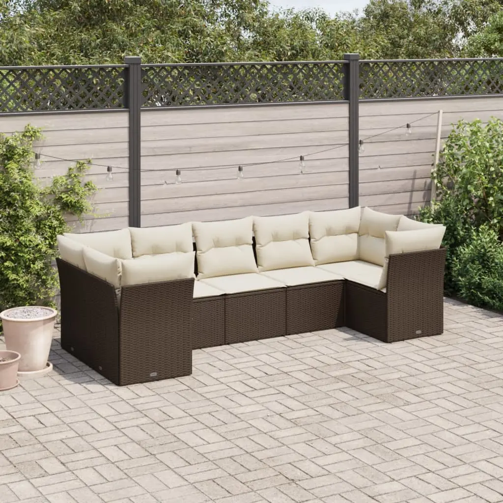 Set Divani da Giardino 7 pz con Cuscini Marrone in Polyrattan