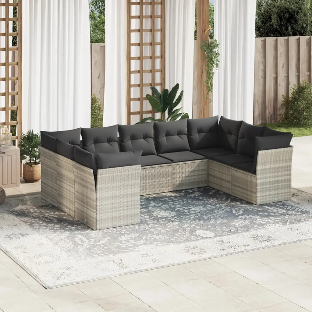 Set Divano da Giardino 9pz con Cuscini Grigio Chiaro Polyrattan