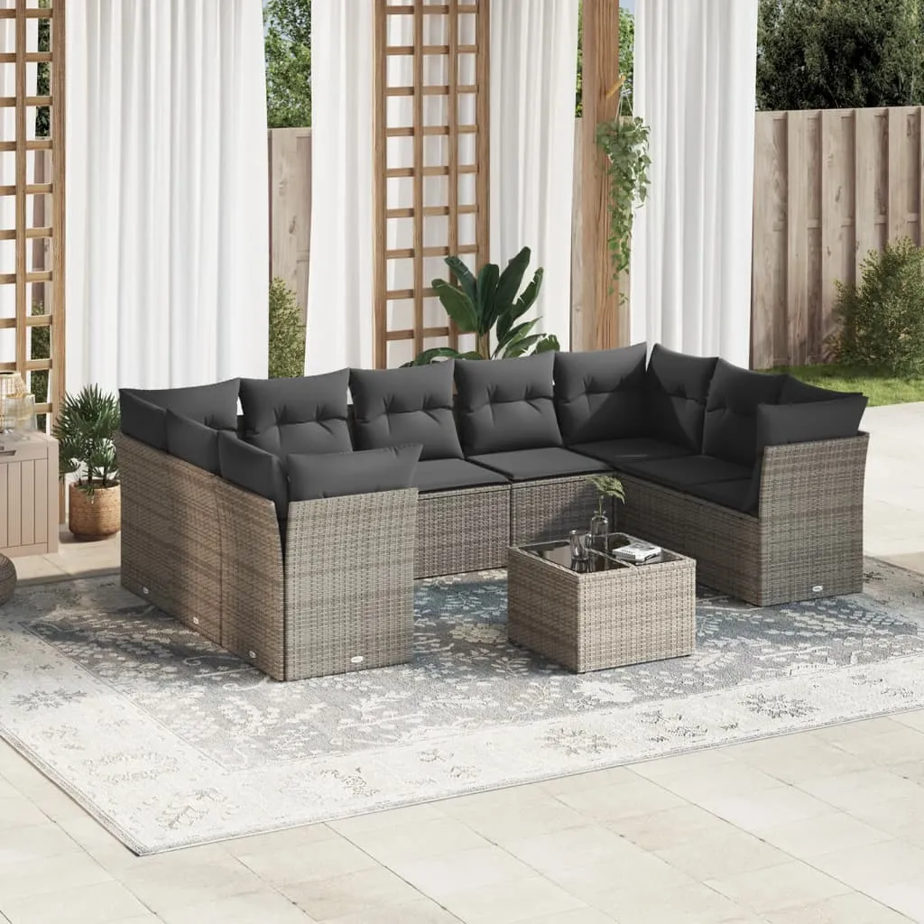 vidaXL Set Divano da Giardino 10 pz con Cuscini Grigio in Polyrattan