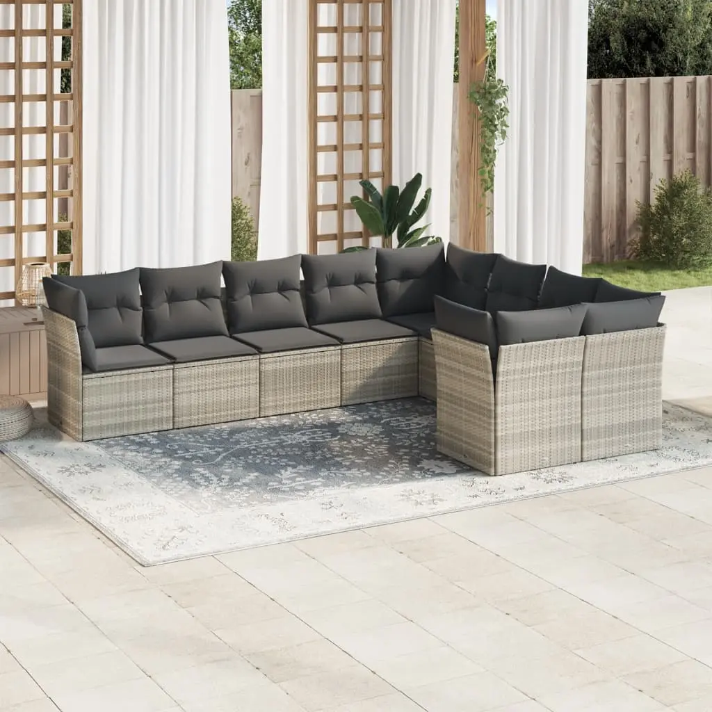 Set Divano da Giardino 9pz con Cuscini Grigio Chiaro Polyrattan