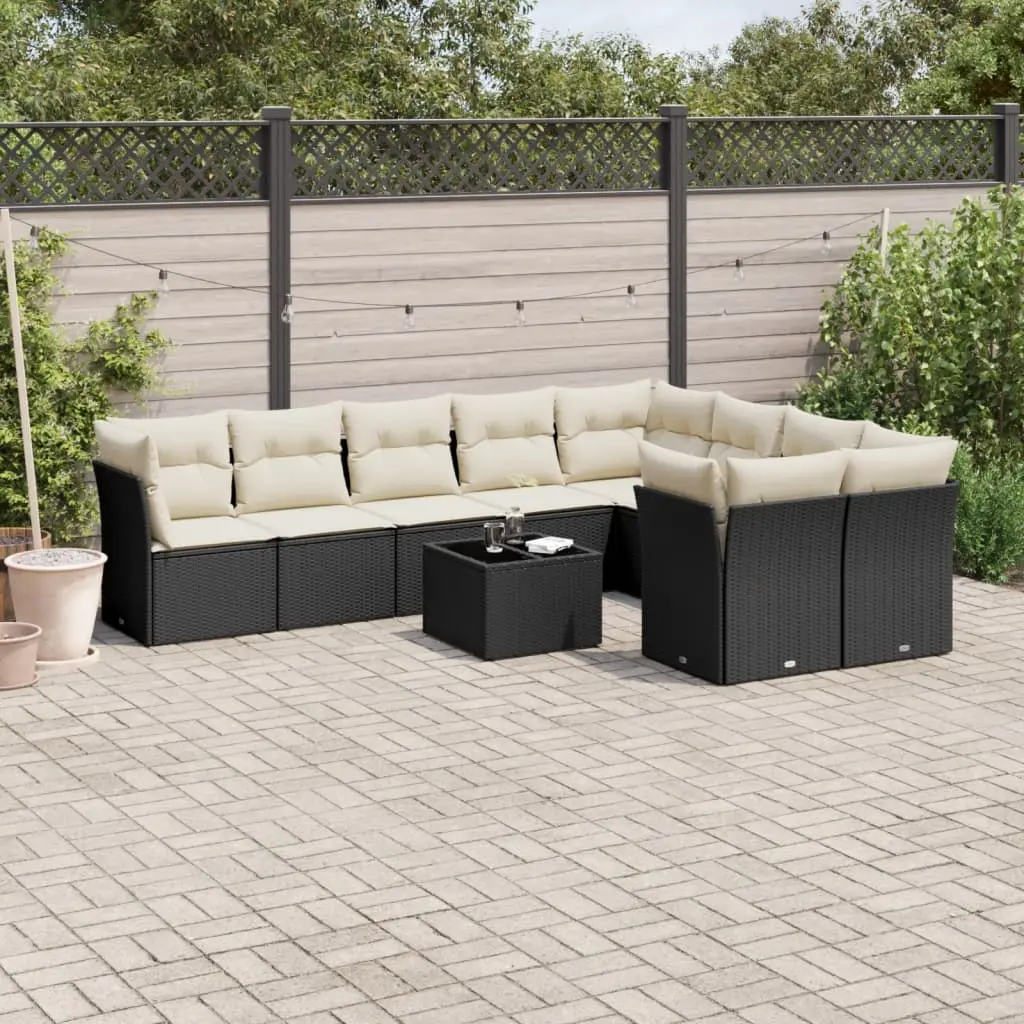 Set Divani da Giardino 10pz con Cuscini in Polyrattan Nero