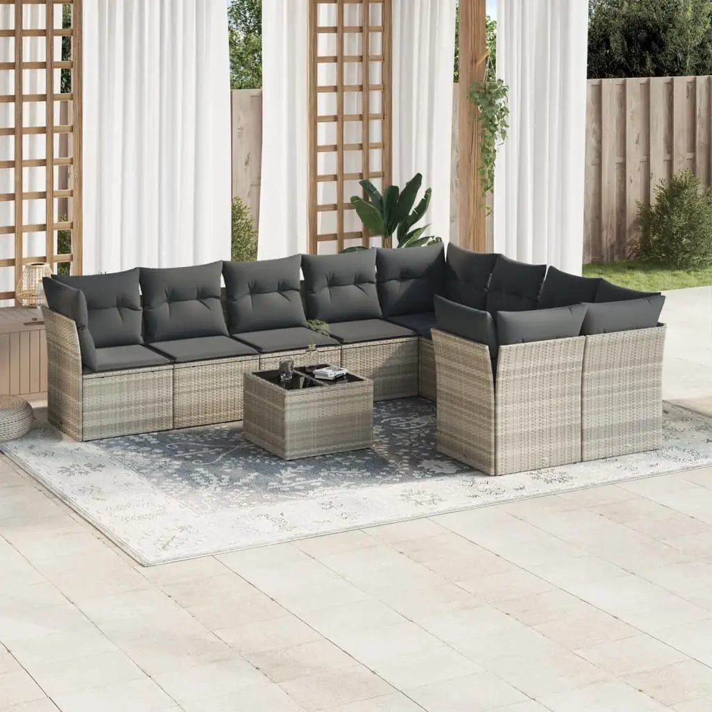 Set Divano Giardino 10 pz con Cuscini Grigio Chiaro Polyrattan