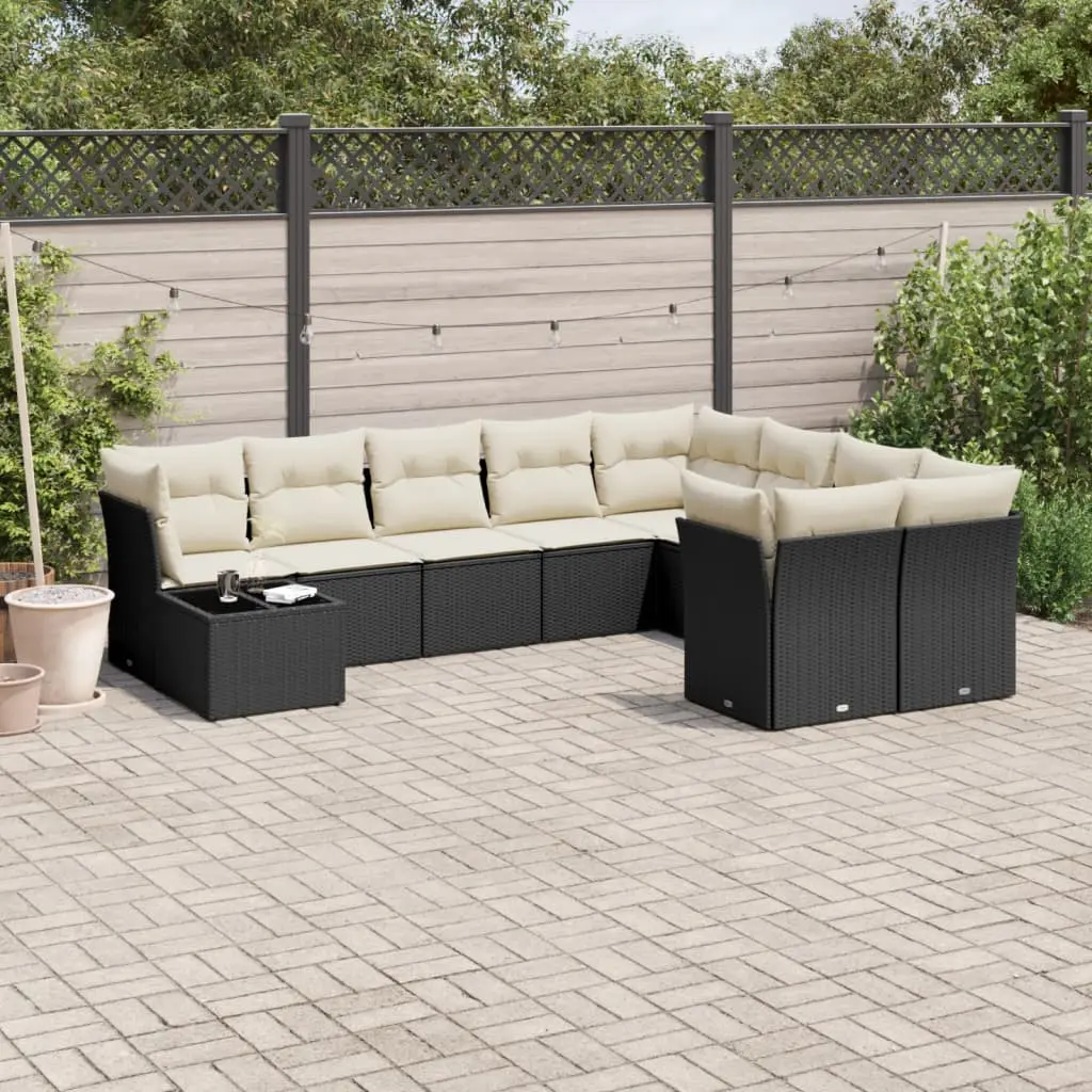 Set Divani da Giardino 10pz con Cuscini in Polyrattan Nero