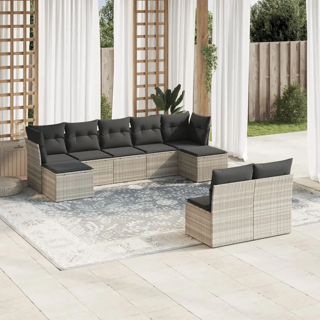 Set Divano da Giardino 9pz con Cuscini Grigio Chiaro Polyrattan