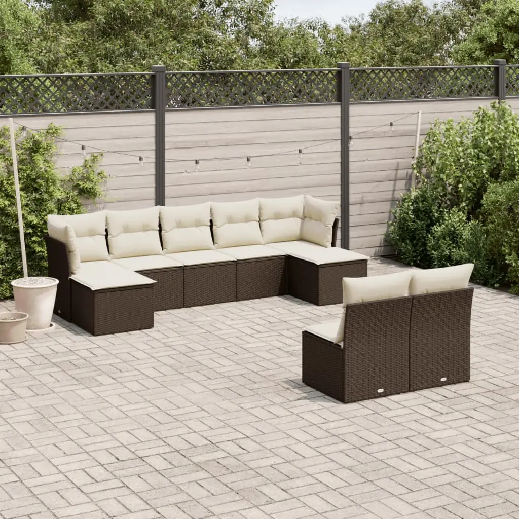 Set Divani da Giardino 9pz con Cuscini Marrone in Polyrattan