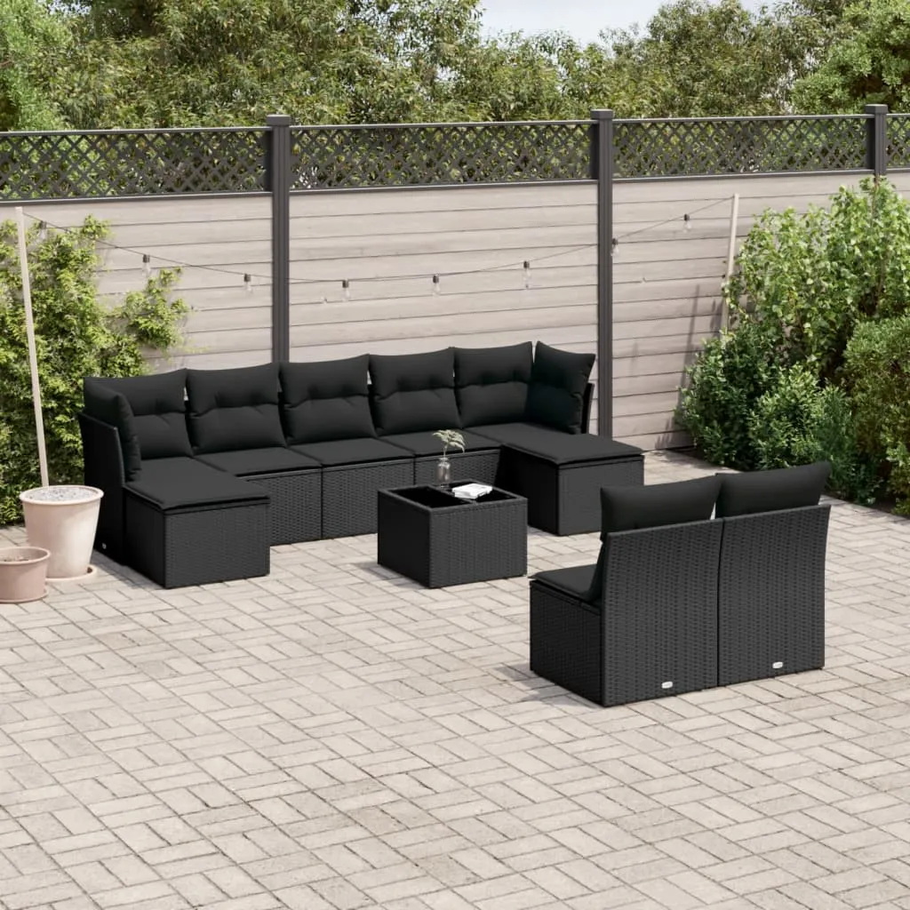 vidaXL Set Divani da Giardino 10pz con Cuscini in Polyrattan Nero