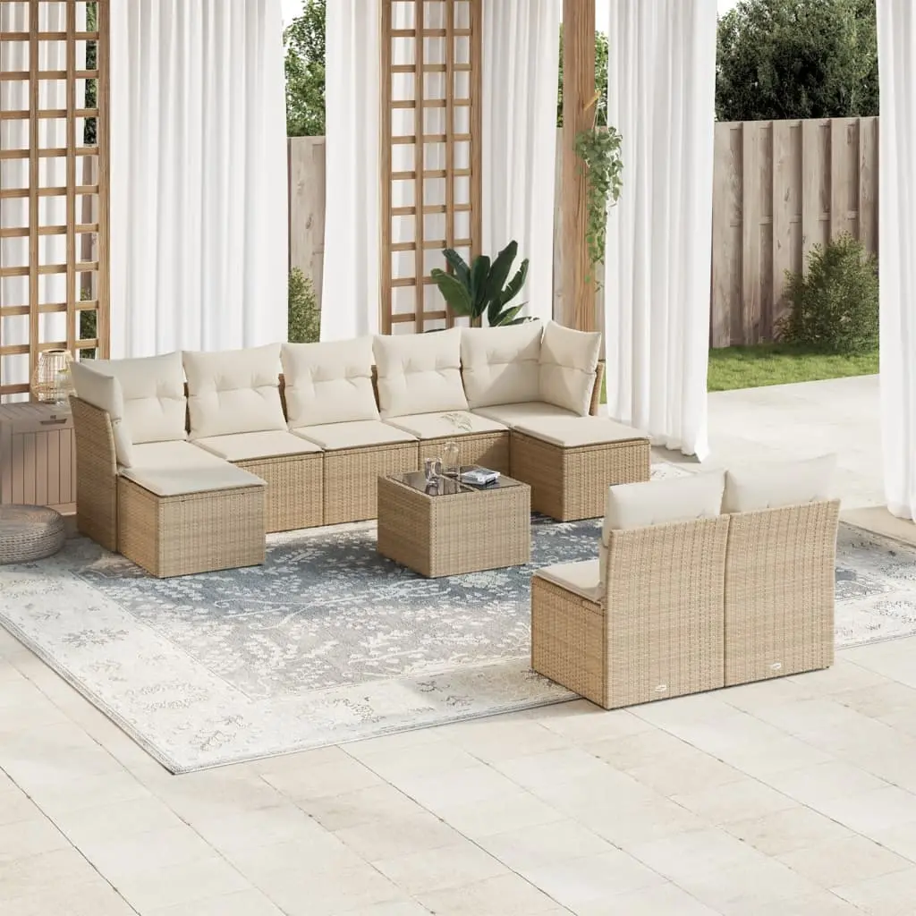 Set Divano da Giardino 10 pz con Cuscini Beige in Polyrattan