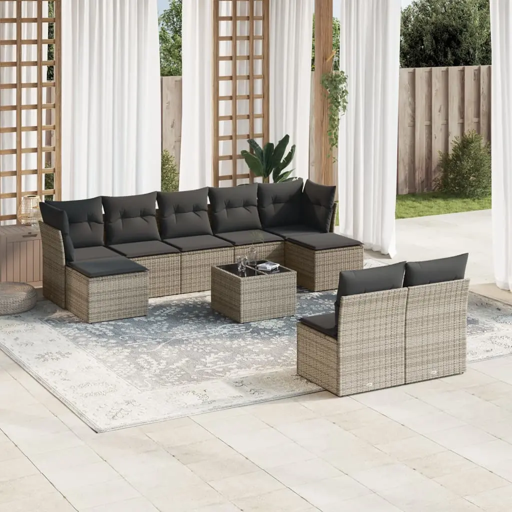 Set Divano da Giardino 10 pz con Cuscini Grigio in Polyrattan