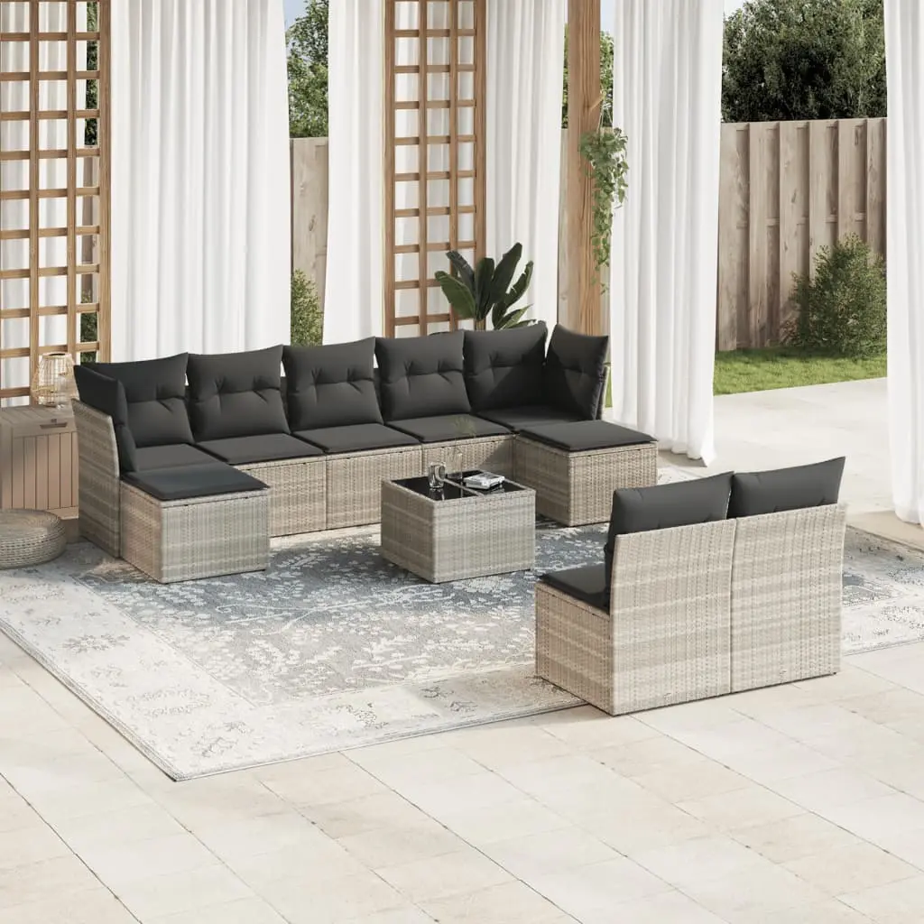 Set Divano Giardino 10 pz con Cuscini Grigio Chiaro Polyrattan