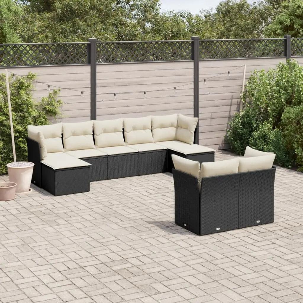 Set Divani da Giardino 9 pz con Cuscini Nero in Polyrattan