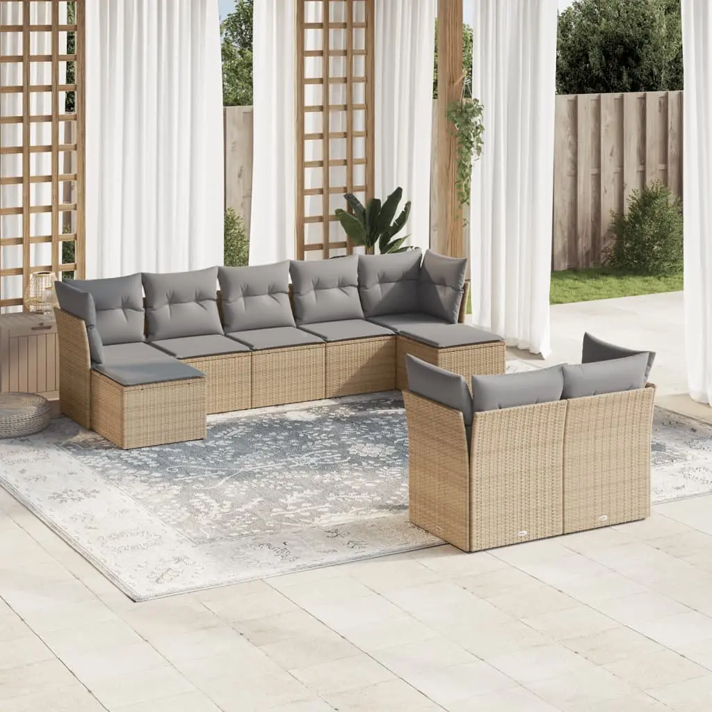 Set Divano da Giardino 9 pz con Cuscini Beige in Polyrattan