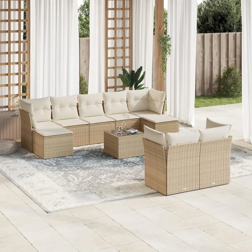 Set Divano da Giardino 10 pz con Cuscini Beige in Polyrattan