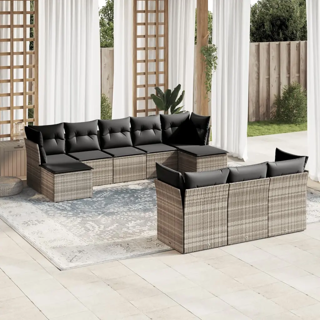 Set Divano Giardino 10 pz con Cuscini Grigio Chiaro Polyrattan