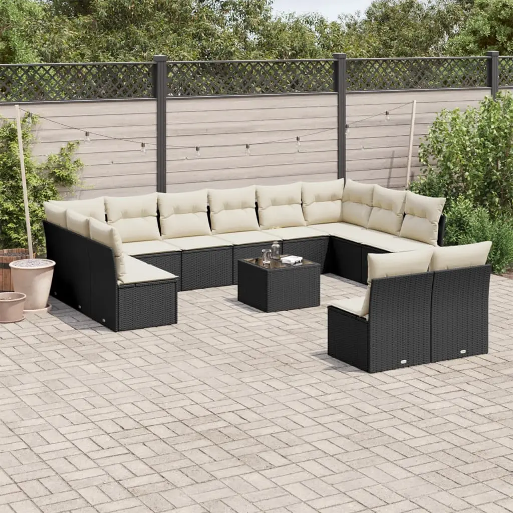 Set Divani da Giardino 13pz con Cuscini Nero in Polyrattan