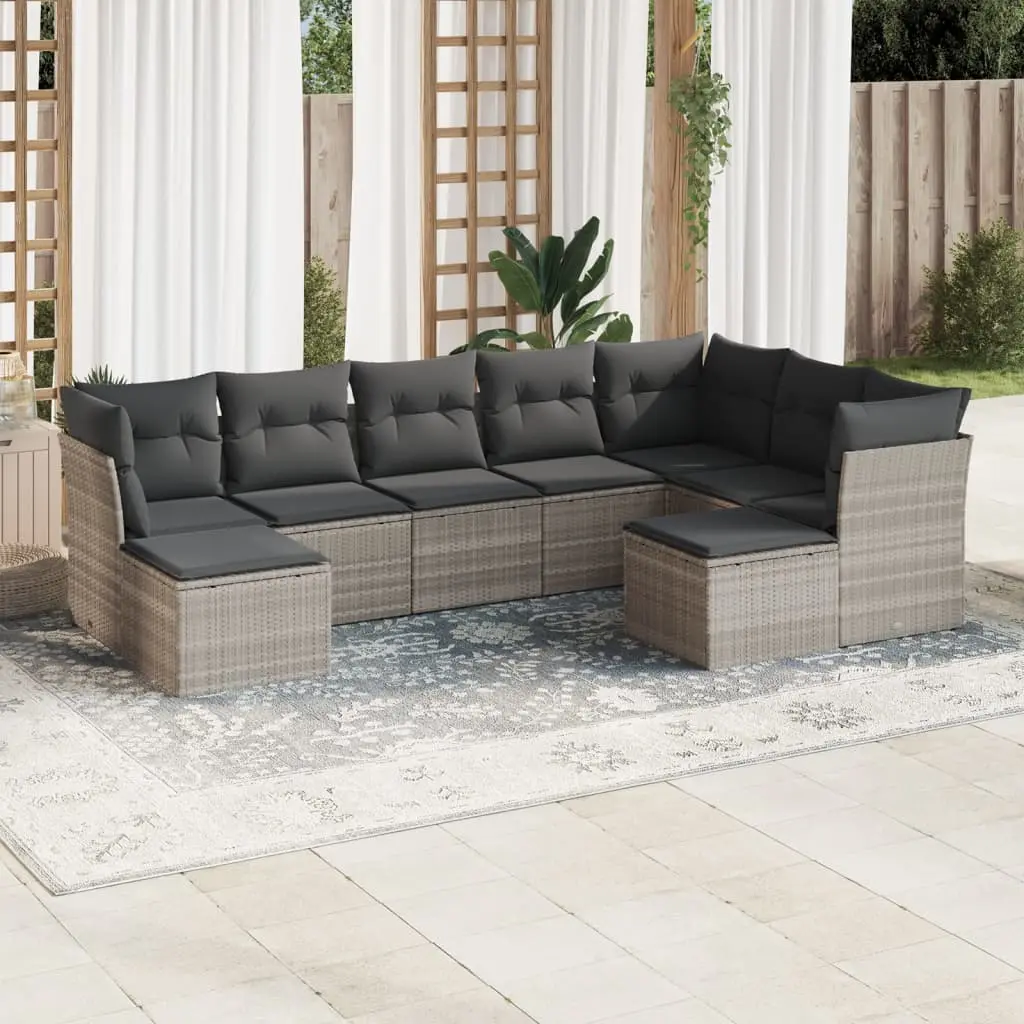 Set Divano da Giardino 9pz con Cuscini Grigio Chiaro Polyrattan