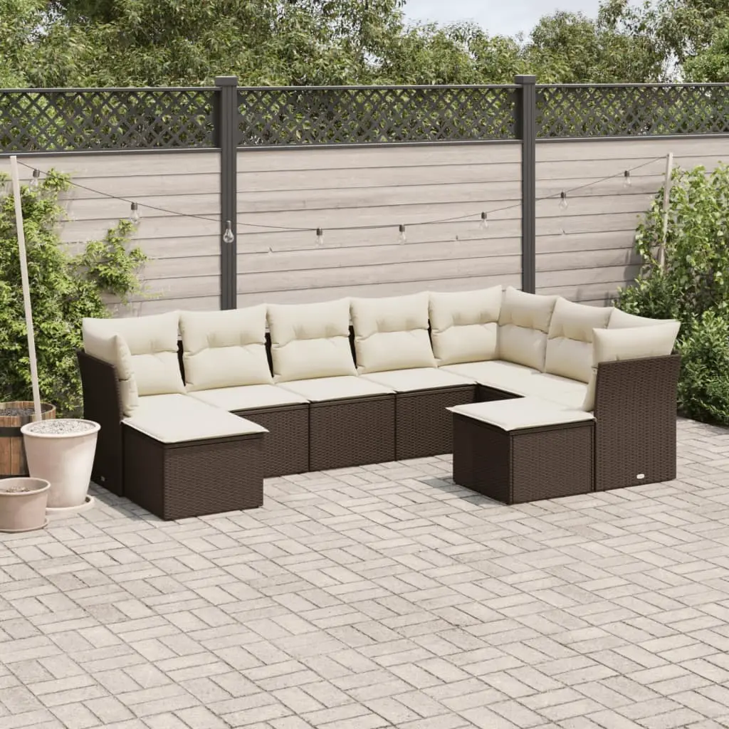 Set Divani da Giardino 9pz con Cuscini Marrone in Polyrattan