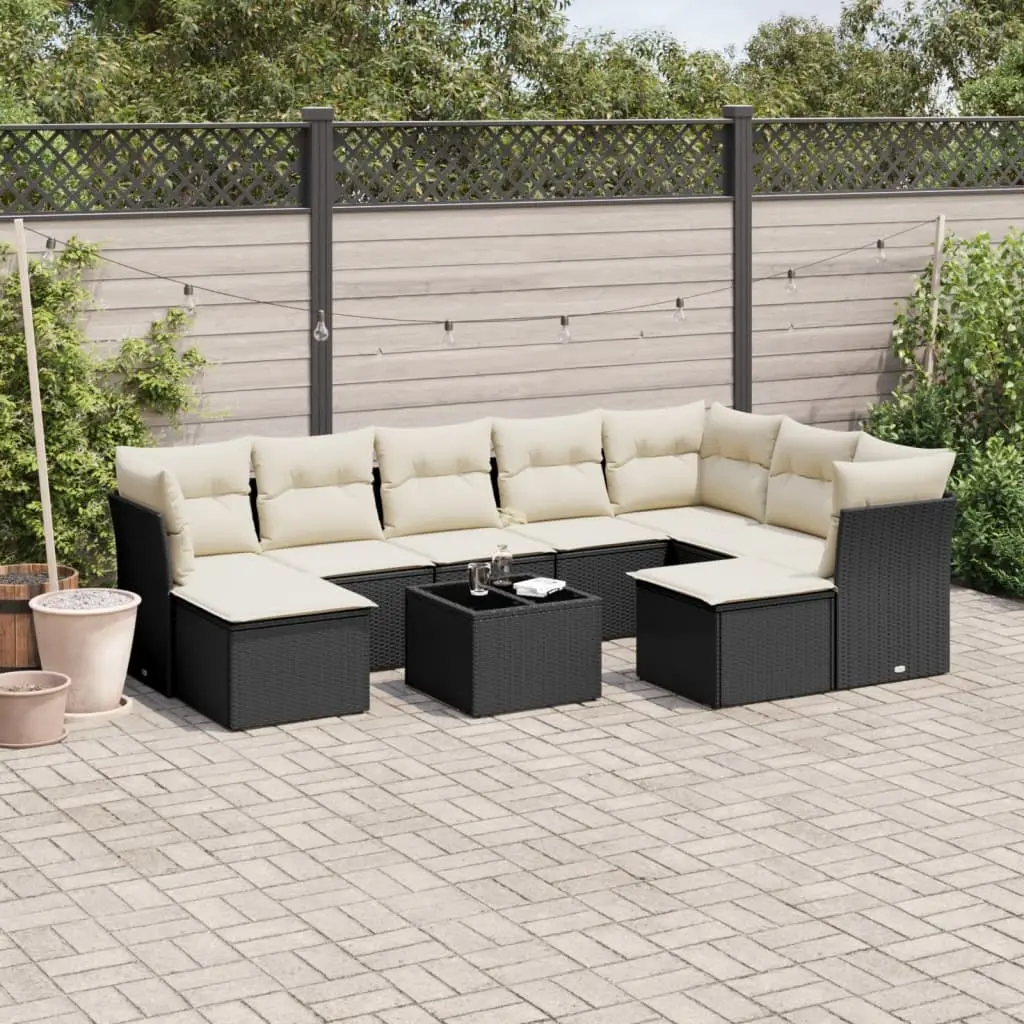 Set Divani da Giardino 10pz con Cuscini in Polyrattan Nero