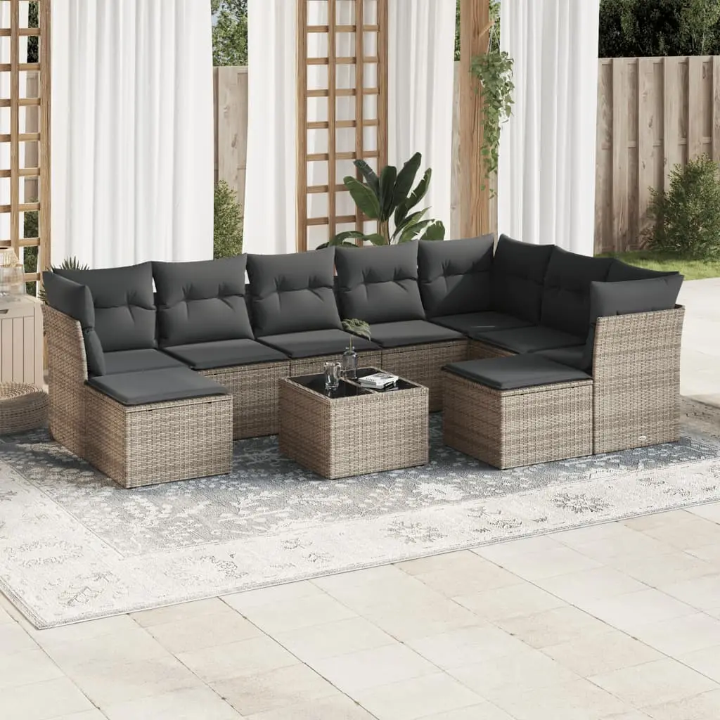 Set Divano da Giardino 10 pz con Cuscini Grigio in Polyrattan