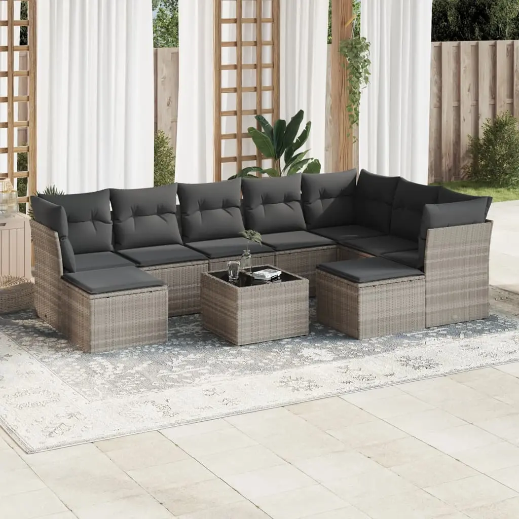 Set Divano Giardino 10 pz con Cuscini Grigio Chiaro Polyrattan