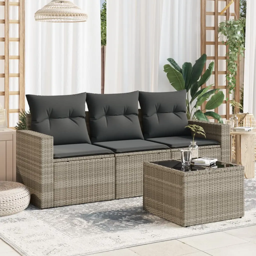 Set Divano da Giardino 4pz con Cuscini Grigio Chiaro Polyrattan