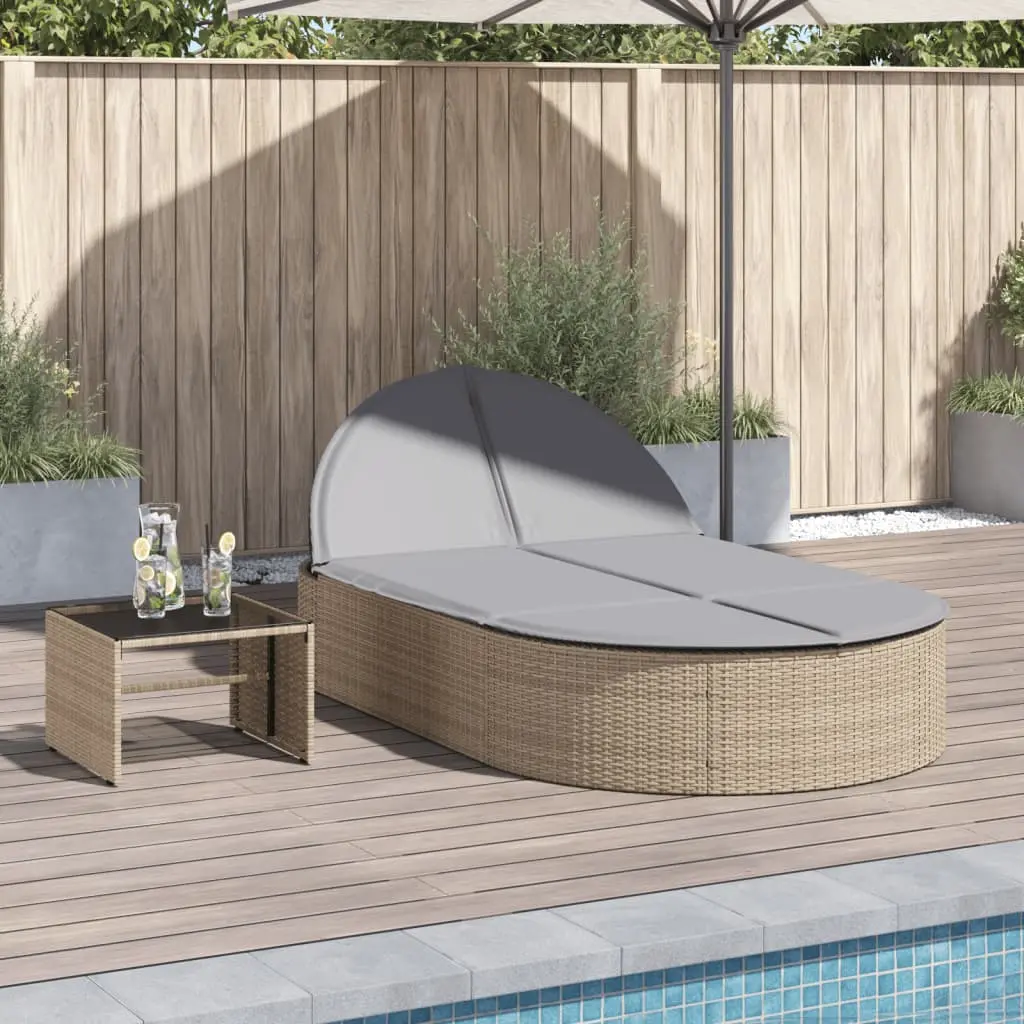 Lettino Prendisole con Cuscini Beige in Polyrattan