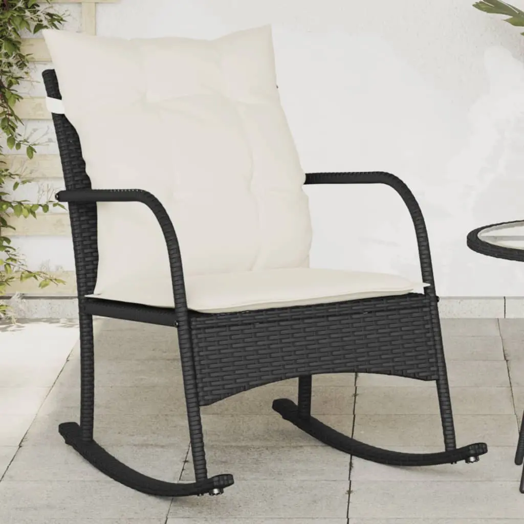 Sedia a Dondolo da Giardino con Cuscini in Polyrattan Nero