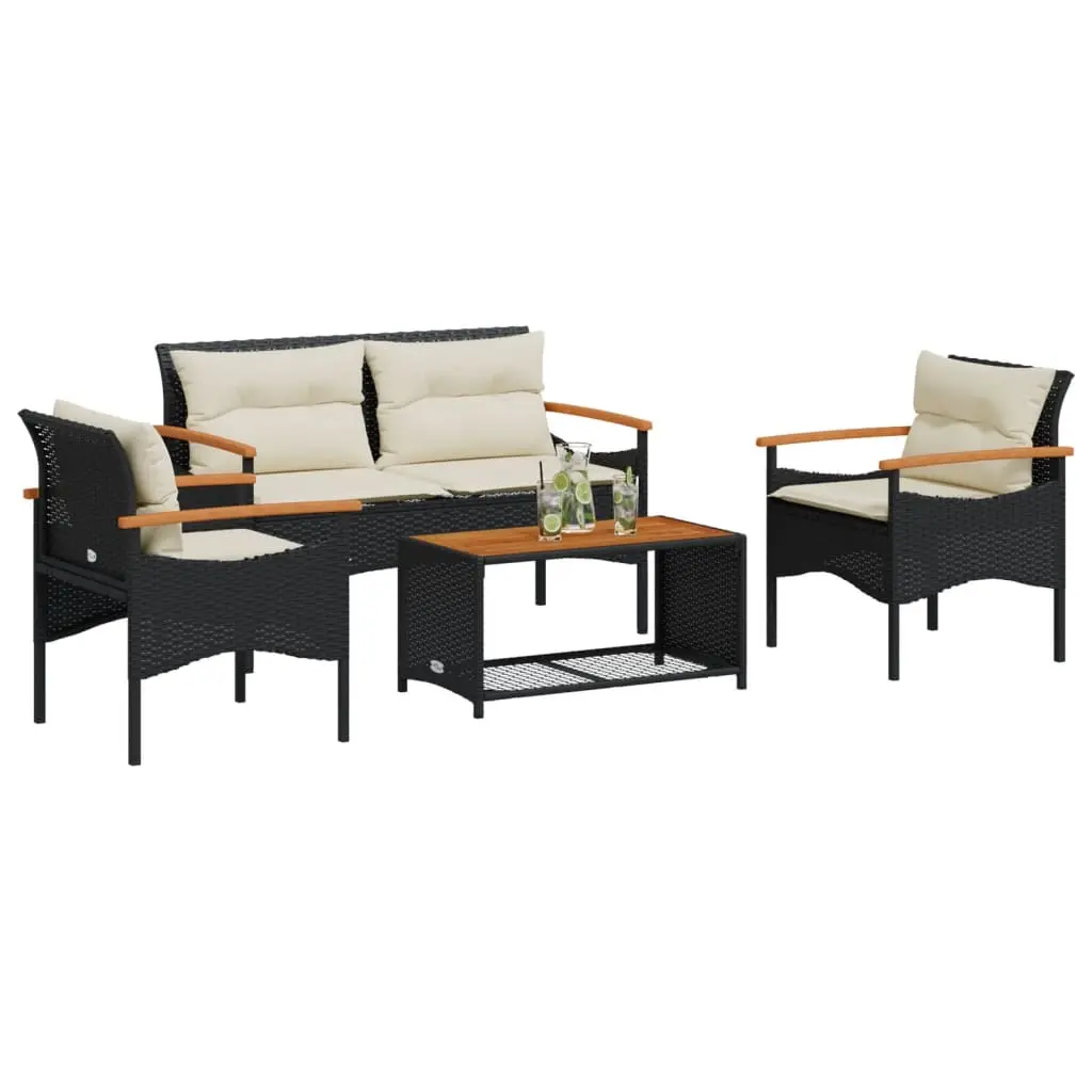 Set Divani da Giardino 4 pz con Cuscini Nero in Polyrattan