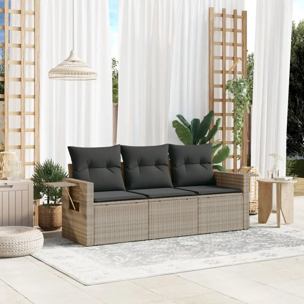 Set Divano da Giardino 3pz con Cuscini Grigio Chiaro Polyrattan