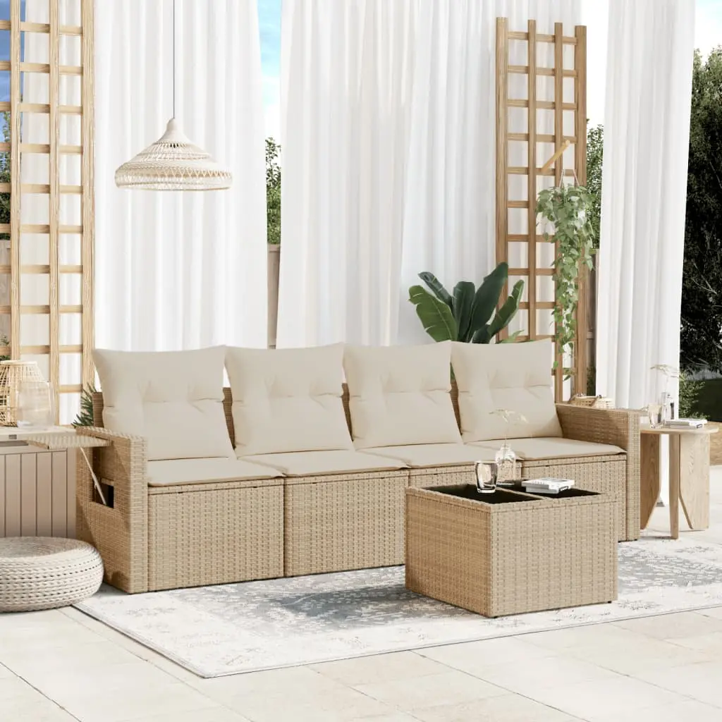 Set Divano da Giardino 5 pz con Cuscini Beige in Polyrattan