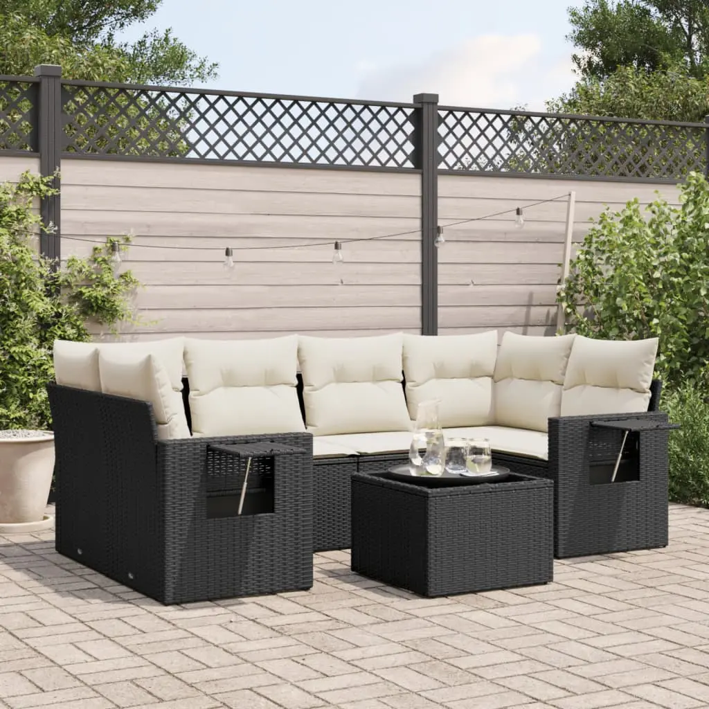 Set Divani da Giardino con Cuscini 7pz Nero Polyrattan