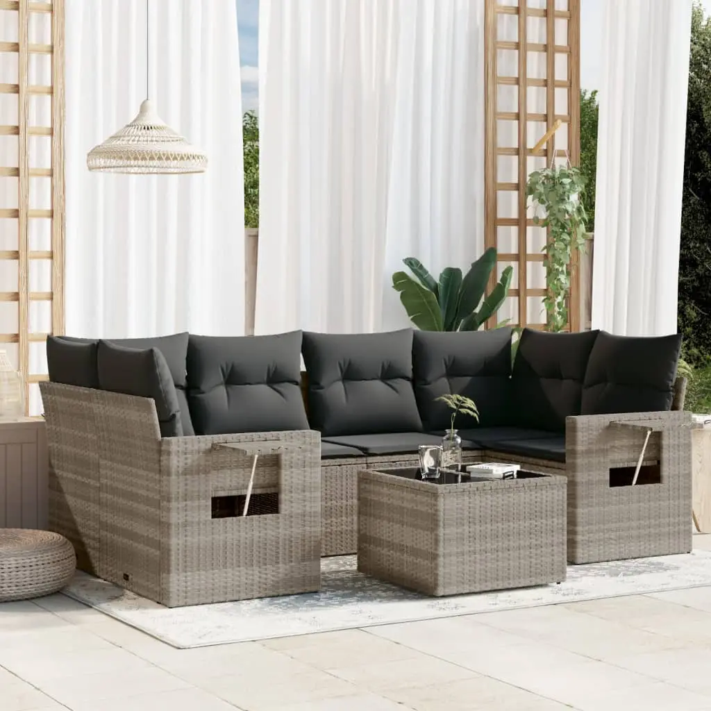 Set Divani da Giardino 7pz con Cuscini Grigio Chiaro Polyrattan