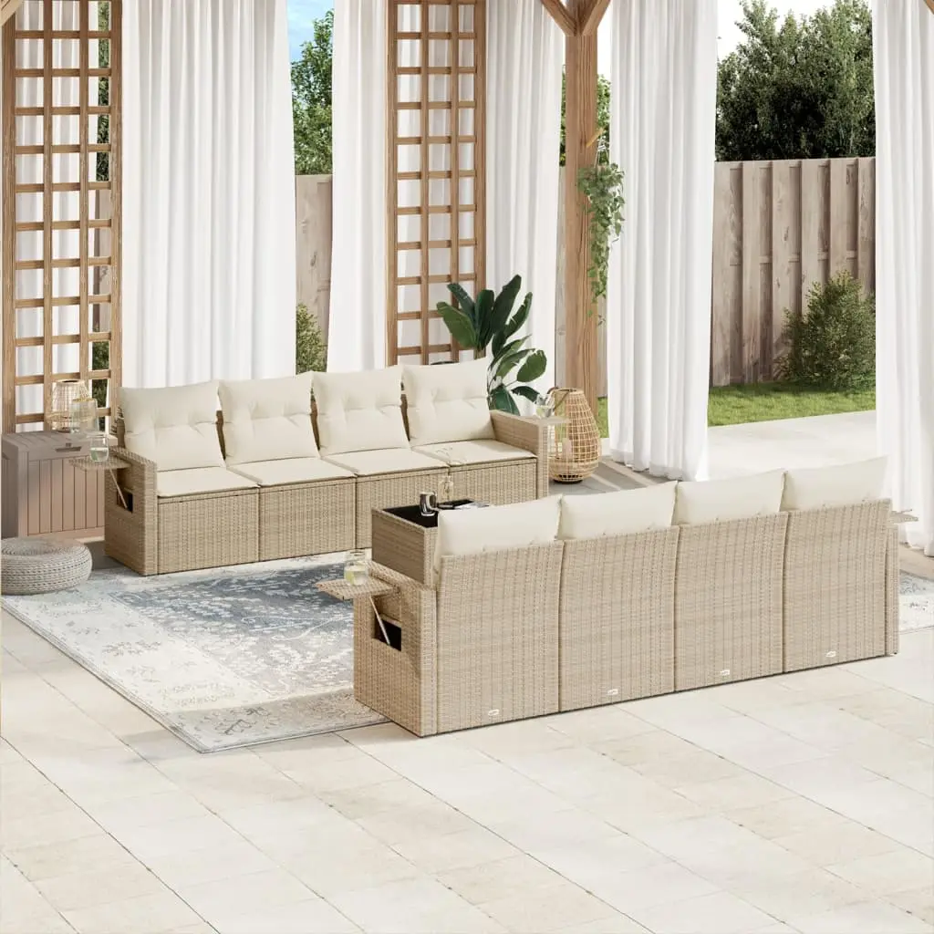 Set Divano da Giardino 9 pz con Cuscini Beige in Polyrattan