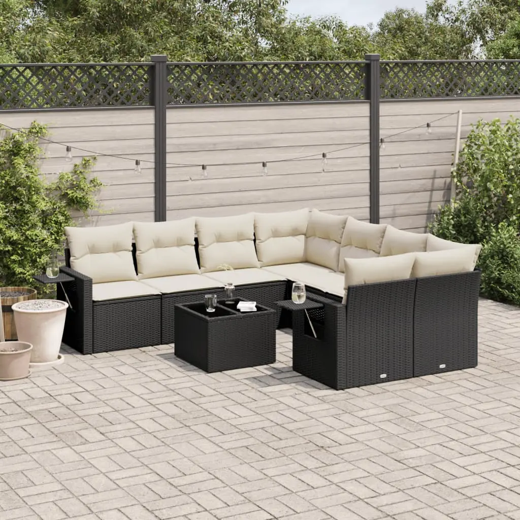 Set Divani da Giardino 9 pz con Cuscini Nero in Polyrattan