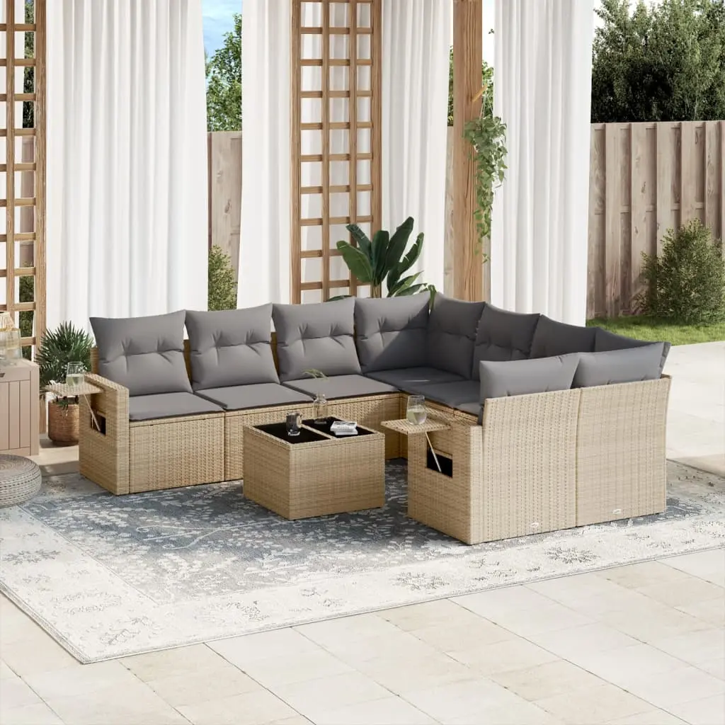 Set Divano da Giardino 9 pz con Cuscini Beige in Polyrattan