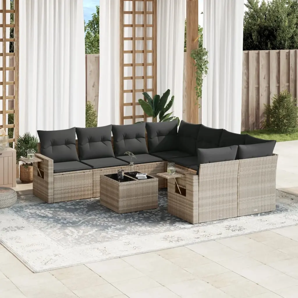 Set Divano da Giardino 9pz con Cuscini Grigio Chiaro Polyrattan