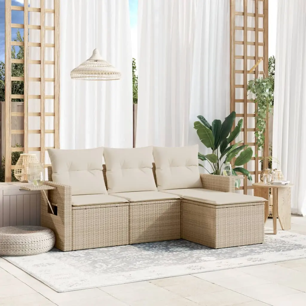 Set Divano da Giardino 4 pz con Cuscini Beige in Polyrattan