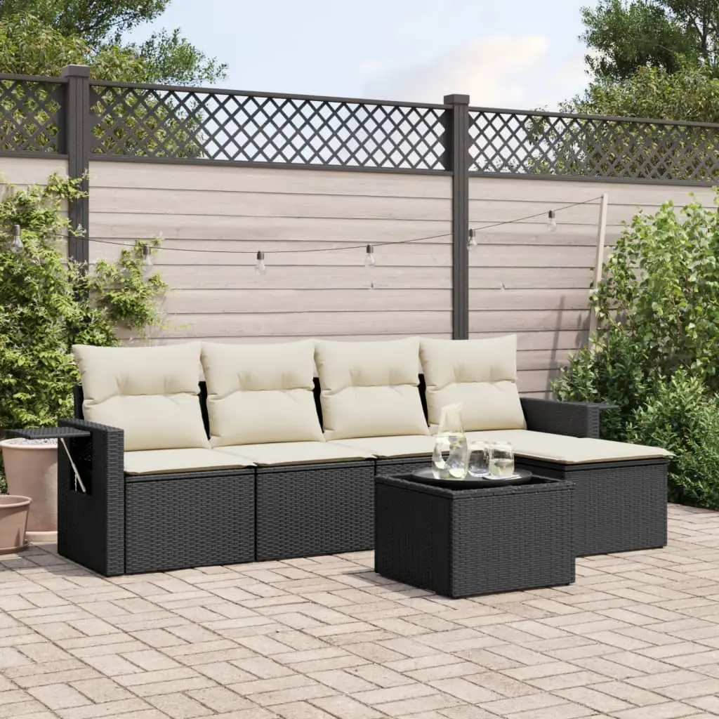 Set Divano da Giardino 6 pz con Cuscini Nero in Polyrattan