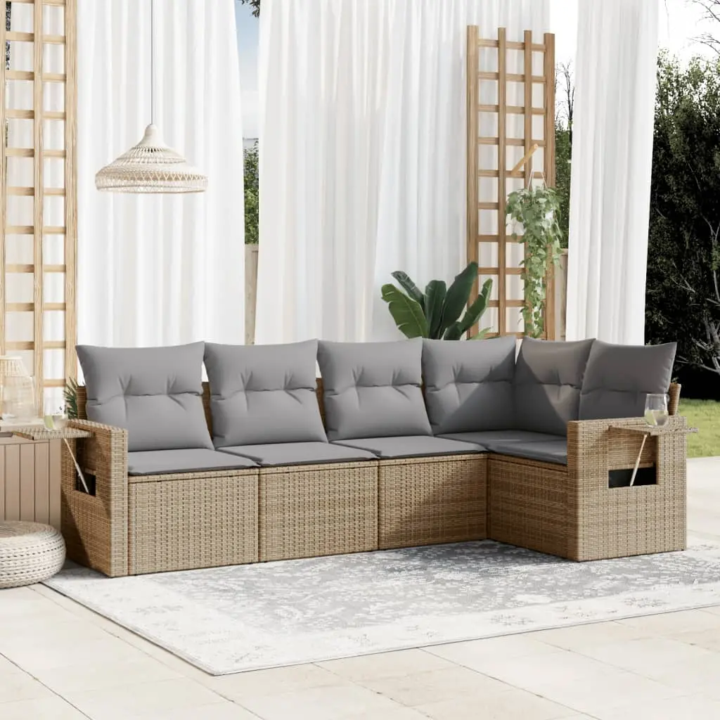 Set Divano da Giardino 5 pz con Cuscini Beige in Polyrattan