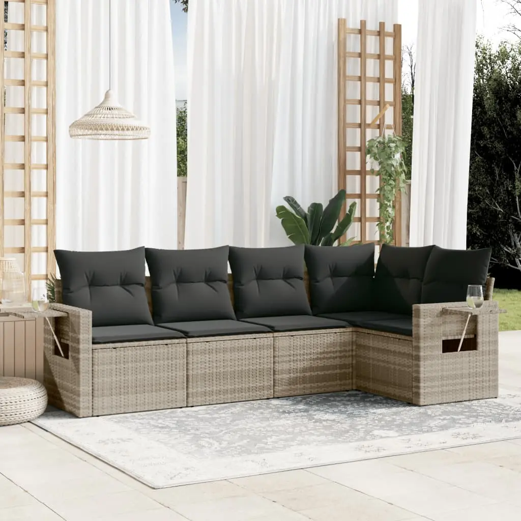 Set Divano da Giardino 5pz con Cuscini Grigio Chiaro Polyrattan