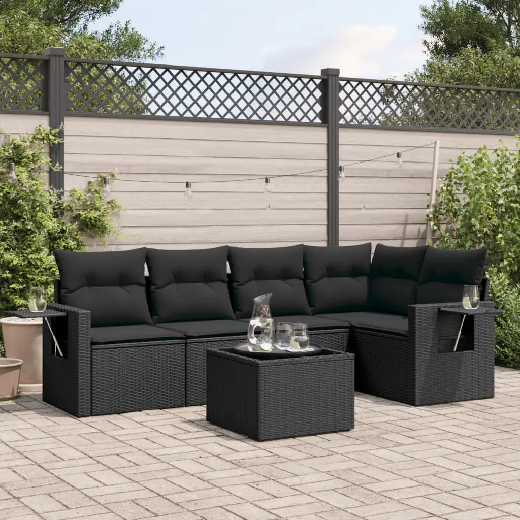 Set Divano da Giardino 6 pz con Cuscini Nero in Polyrattan