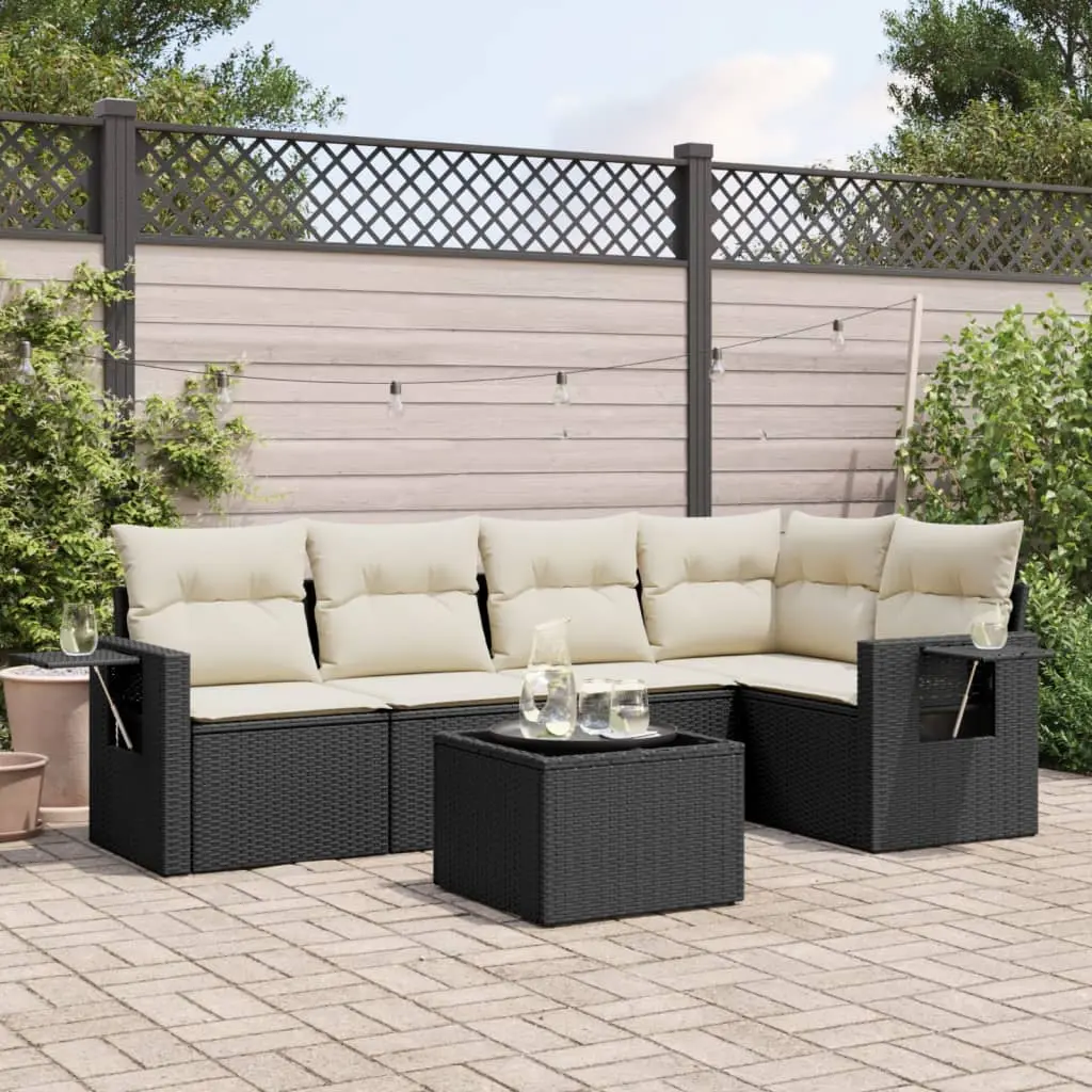 Set Divano da Giardino 6 pz con Cuscini Nero in Polyrattan