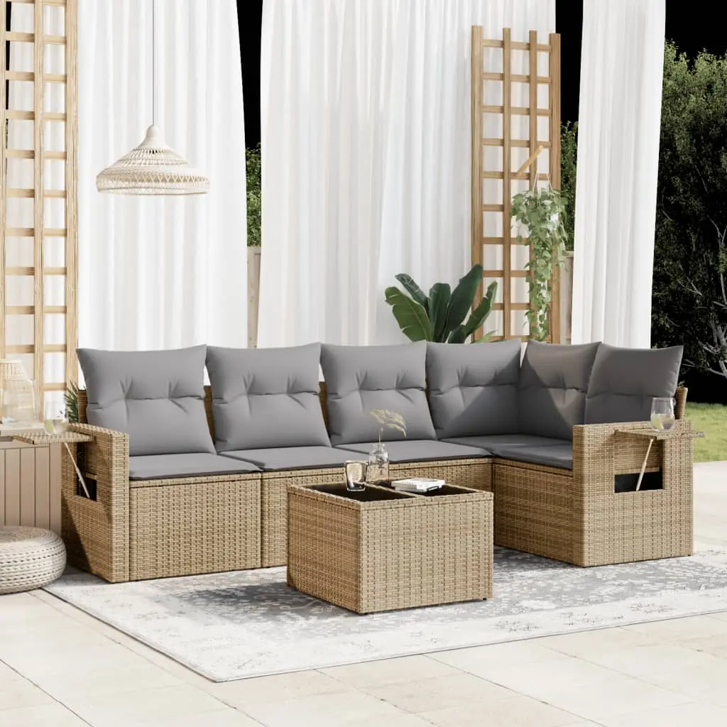 Set Divano da Giardino 6 pz con Cuscini Beige in Polyrattan