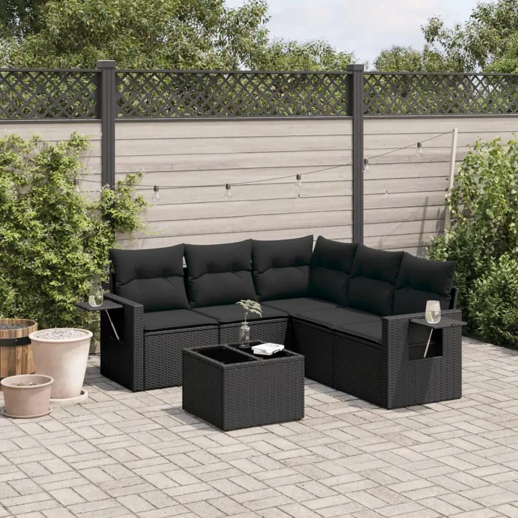 Set Divano da Giardino 6 pz con Cuscini Nero in Polyrattan