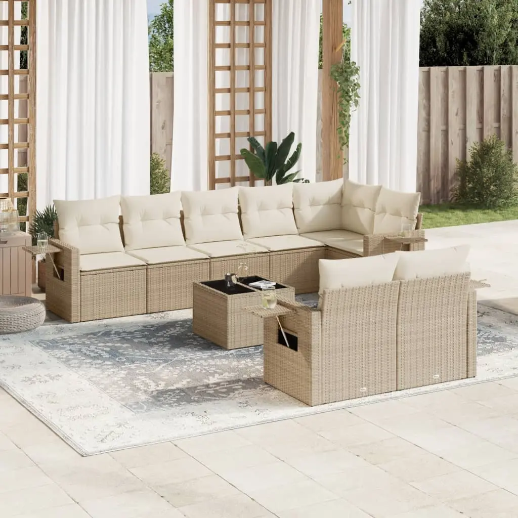 Set Divano da Giardino 9 pz con Cuscini Beige in Polyrattan